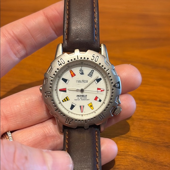 Nautica Silver Watch with Brown Leather Strap - Picture 1 of 6